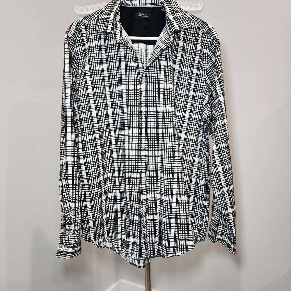 Alfani Men's Long Sleeve Checked Button Down Shirt (Black/White, M)